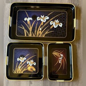 VTG Japanese Set of 3 Nesting Serving Trays Black Lacquer Hand-Painted Floral